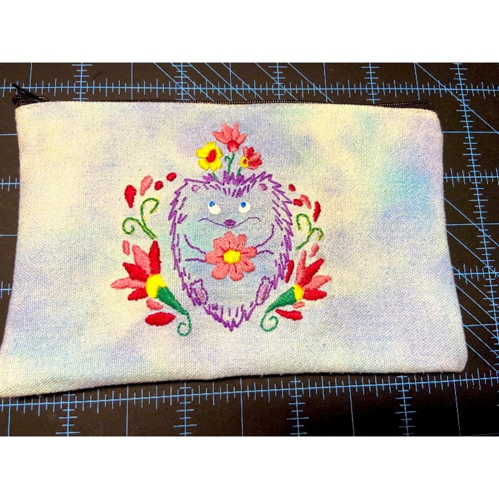 NWT- Hand embroidered Floral Hedgehog zipper pouch